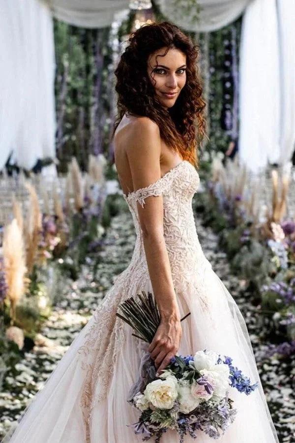 Vintage Long A-line Off-the-shoulder Lace Tulle Wedding Dress - Image 3