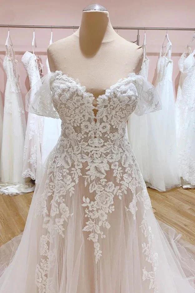 Vintage Long A-Line Off-the-Shoulder Sweetheart Backless Tulle Wedding Dress - Image 3