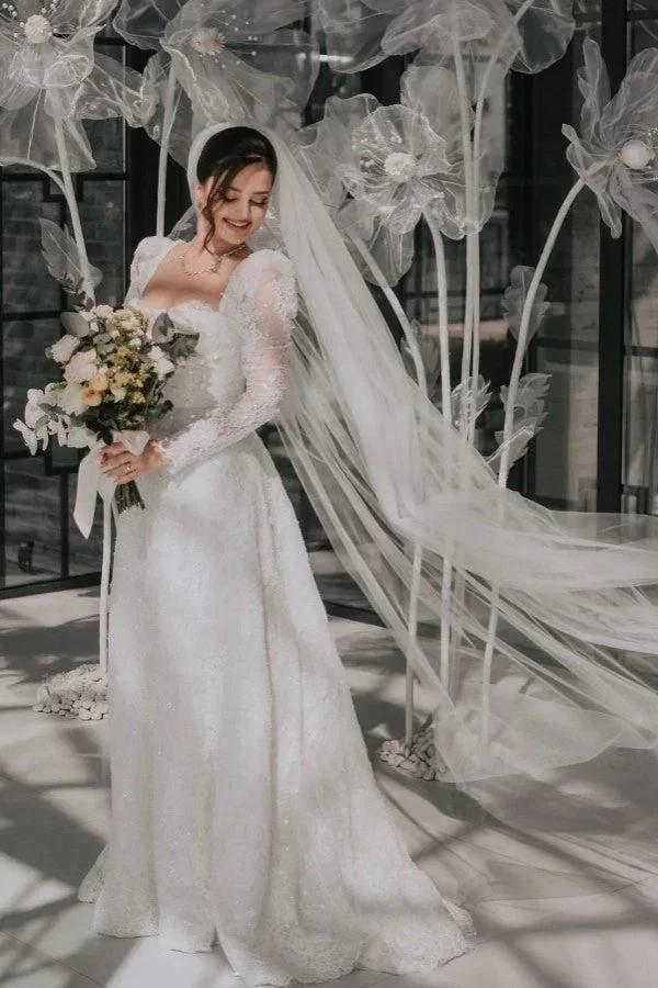 Vintage Long A-line Square Neck Lace Wedding Dress with Long Sleeves - Image 2