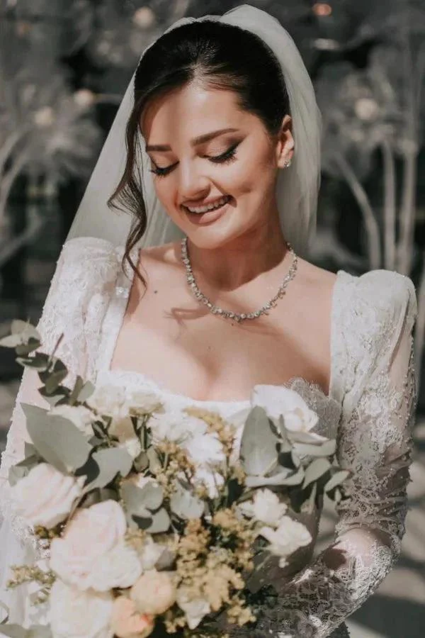 Vintage Long A-line Square Neck Lace Wedding Dress with Long Sleeves - Image 3