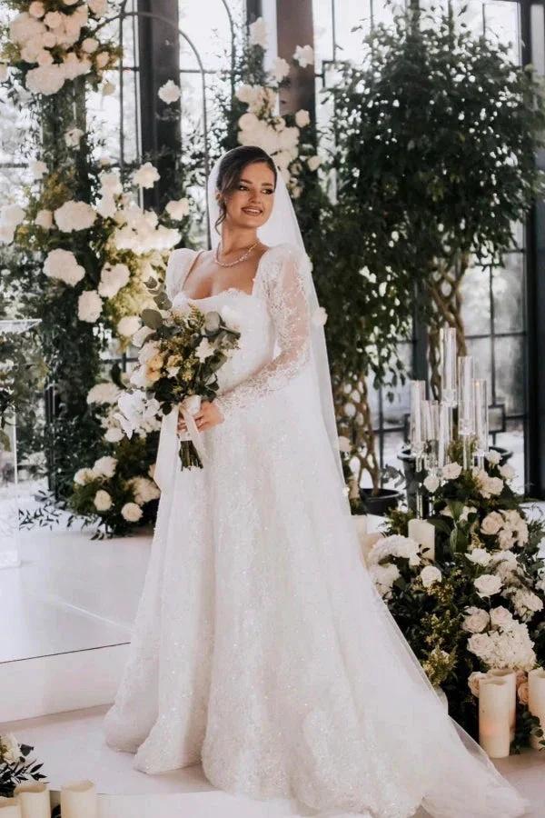 Vintage Long A-line Square Neck Lace Wedding Dress with Long Sleeves - Image 4