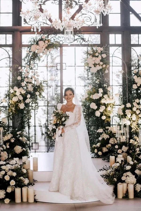 Vintage Long A-line Square Neck Lace Wedding Dress with Long Sleeves - Image 5