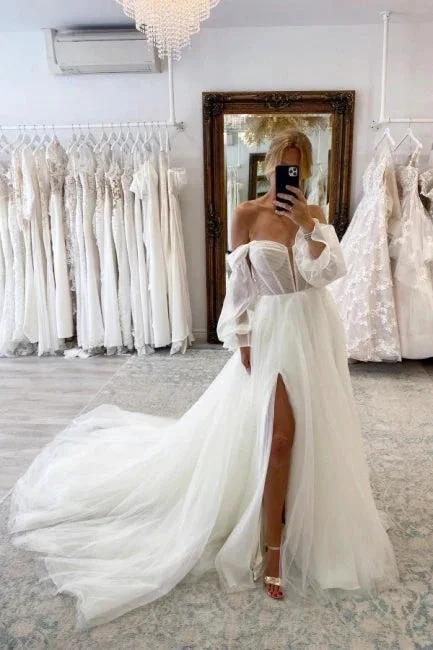 Vintage Long A-line Tulle Split Wedding Dresses With Long Sleeves - Image 2