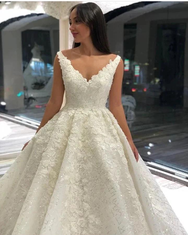 Vintage Long A-Line V-neck Appliques Lace Sequins Wedding Dress - Image 3