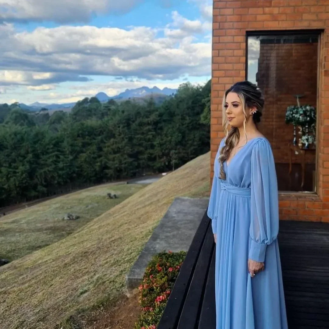 Vintage Long Blue V-Neck Evening Dresses A-Line Chiffon Pleated Ankle Length Prom Dress Y5048 - Image 2