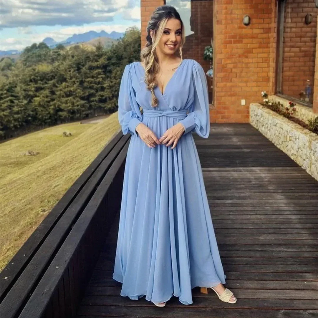 Vintage Long Blue V-Neck Evening Dresses A-Line Chiffon Pleated Ankle Length Prom Dress Y5048 - Image 3