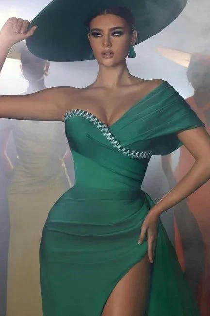 Vintage Long Green Mermaid One Shoulder Beading Prom Dress With Slit - Image 2