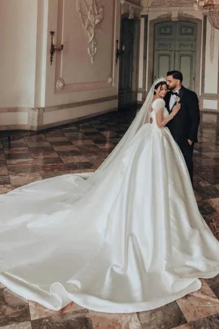 Vintage Long Ivory A-line Square Neck Satin Glitter Wedding Dress with Long Sleeves - Image 2