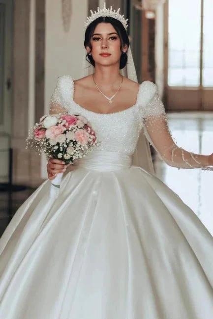 Vintage Long Ivory A-line Square Neck Satin Glitter Wedding Dress with Long Sleeves - Image 3