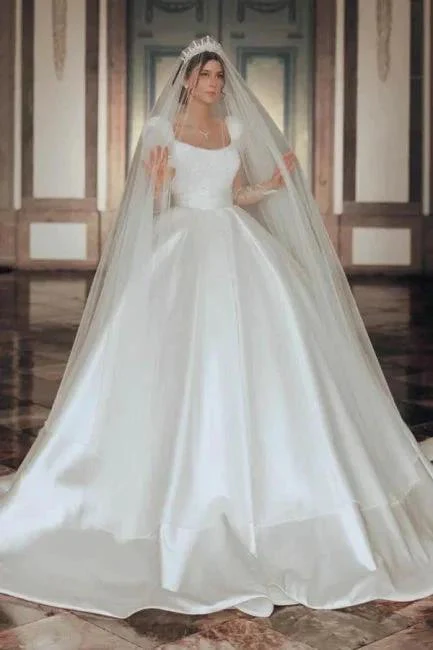 Vintage Long Ivory A-line Square Neck Satin Glitter Wedding Dress with Long Sleeves - Image 4