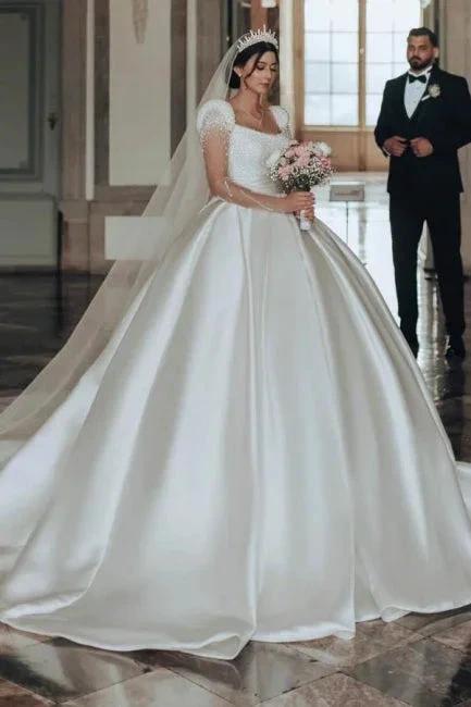 Vintage Long Ivory A-line Square Neck Satin Glitter Wedding Dress with Long Sleeves - Image 5