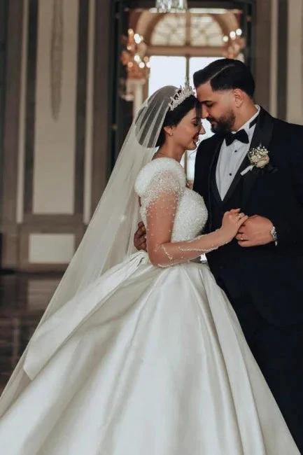 Vintage Long Ivory A-line Square Neck Satin Glitter Wedding Dress with Long Sleeves - Image 7