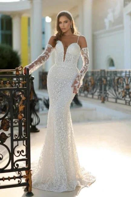 Vintage Long Ivory Mermaid Spaghetti Straps V-neck Lace Wedding Dress with Detachable Train - Image 2