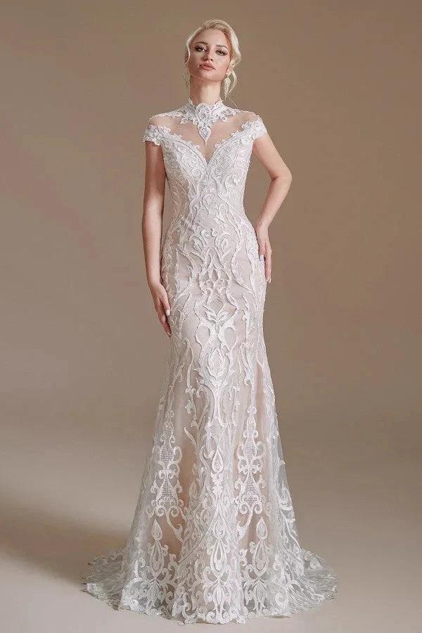 Vintage Long Mermaid High-neck Lace Wedding Dress with sleeves - Image 2
