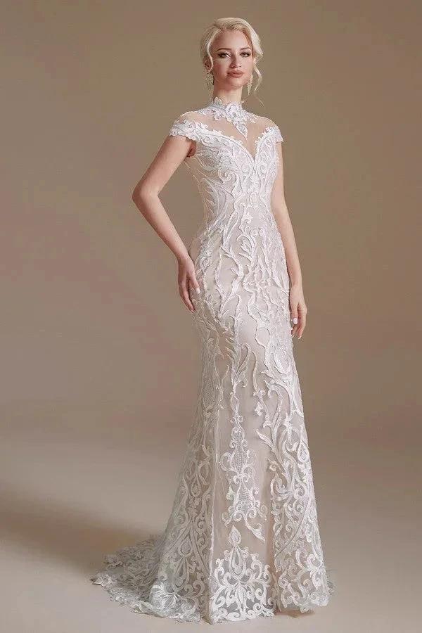 Vintage Long Mermaid High-neck Lace Wedding Dress with sleeves - Image 3