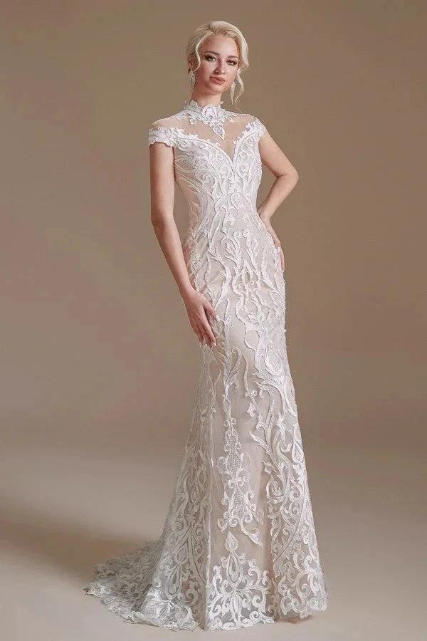 Vintage Long Mermaid High-neck Lace Wedding Dress with sleeves - Image 4
