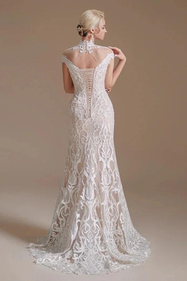 Vintage Long Mermaid High-neck Lace Wedding Dress with sleeves - Image 5