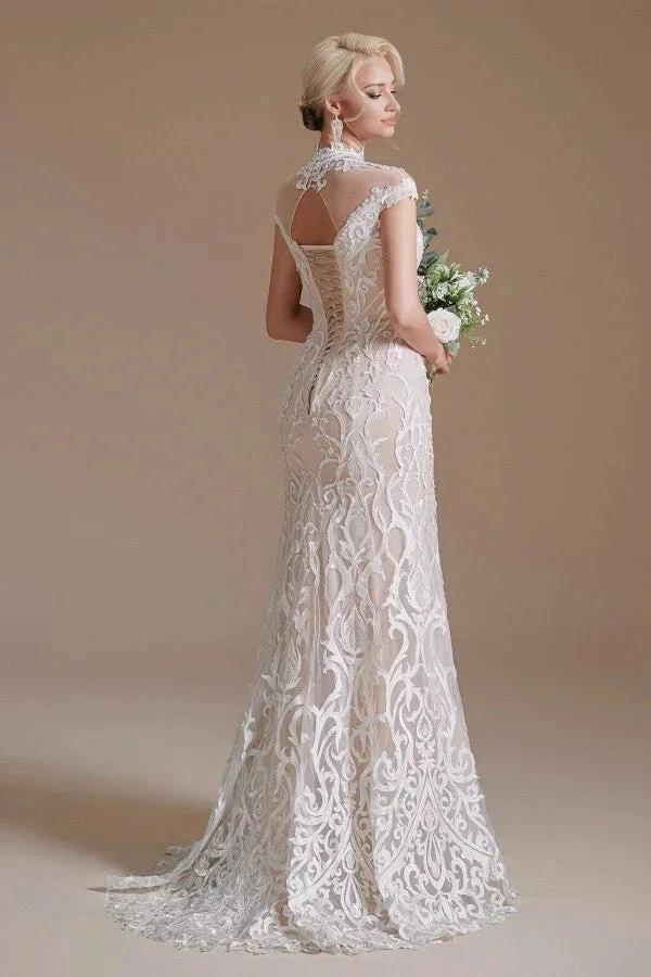 Vintage Long Mermaid High-neck Lace Wedding Dress with sleeves - Image 6