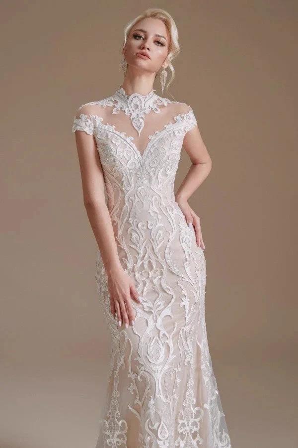 Vintage Long Mermaid High-neck Lace Wedding Dress with sleeves - Image 7