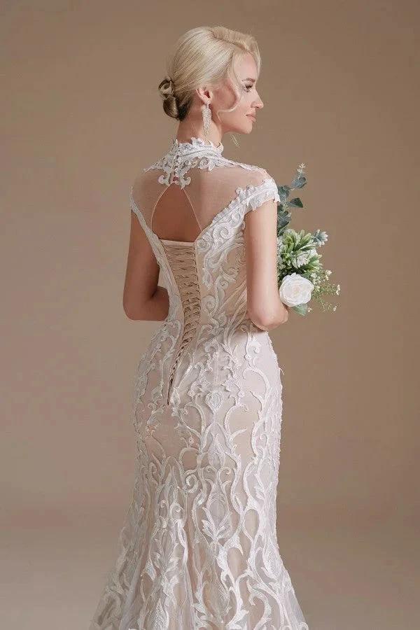 Vintage Long Mermaid High-neck Lace Wedding Dress with sleeves - Image 8