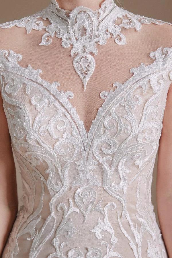 Vintage Long Mermaid High-neck Lace Wedding Dress with sleeves - Image 9