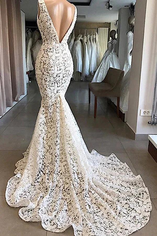 Vintage Long Mermaid V-neck Lace Backless Wedding Dresses - Image 2