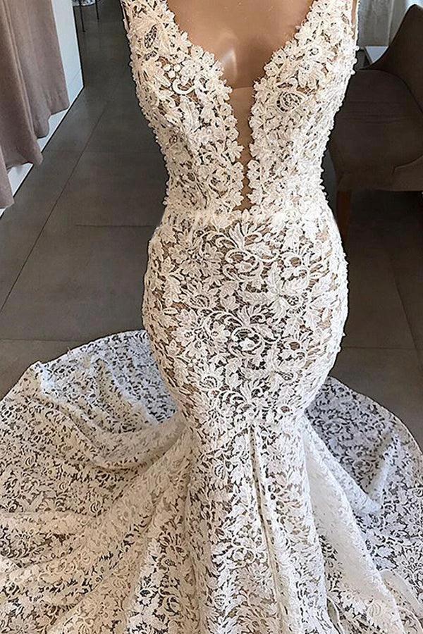 Vintage Long Mermaid V-neck Lace Backless Wedding Dresses - Image 3
