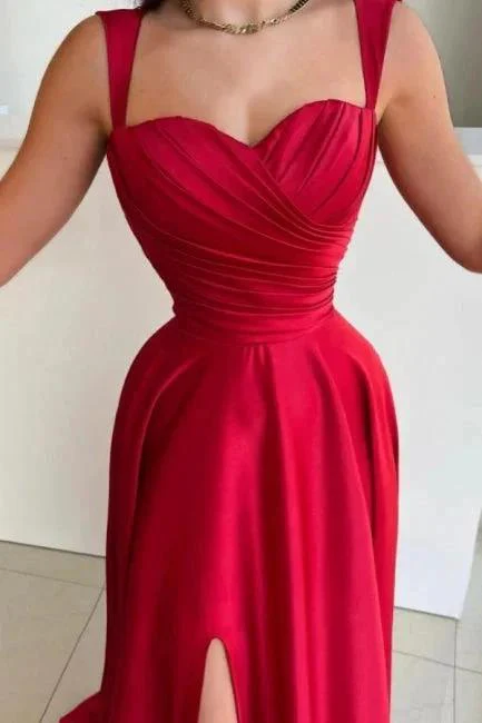 Vintage Long Red A-line Satin Pleated Sleeveless Prom Dress with Slit - Image 2