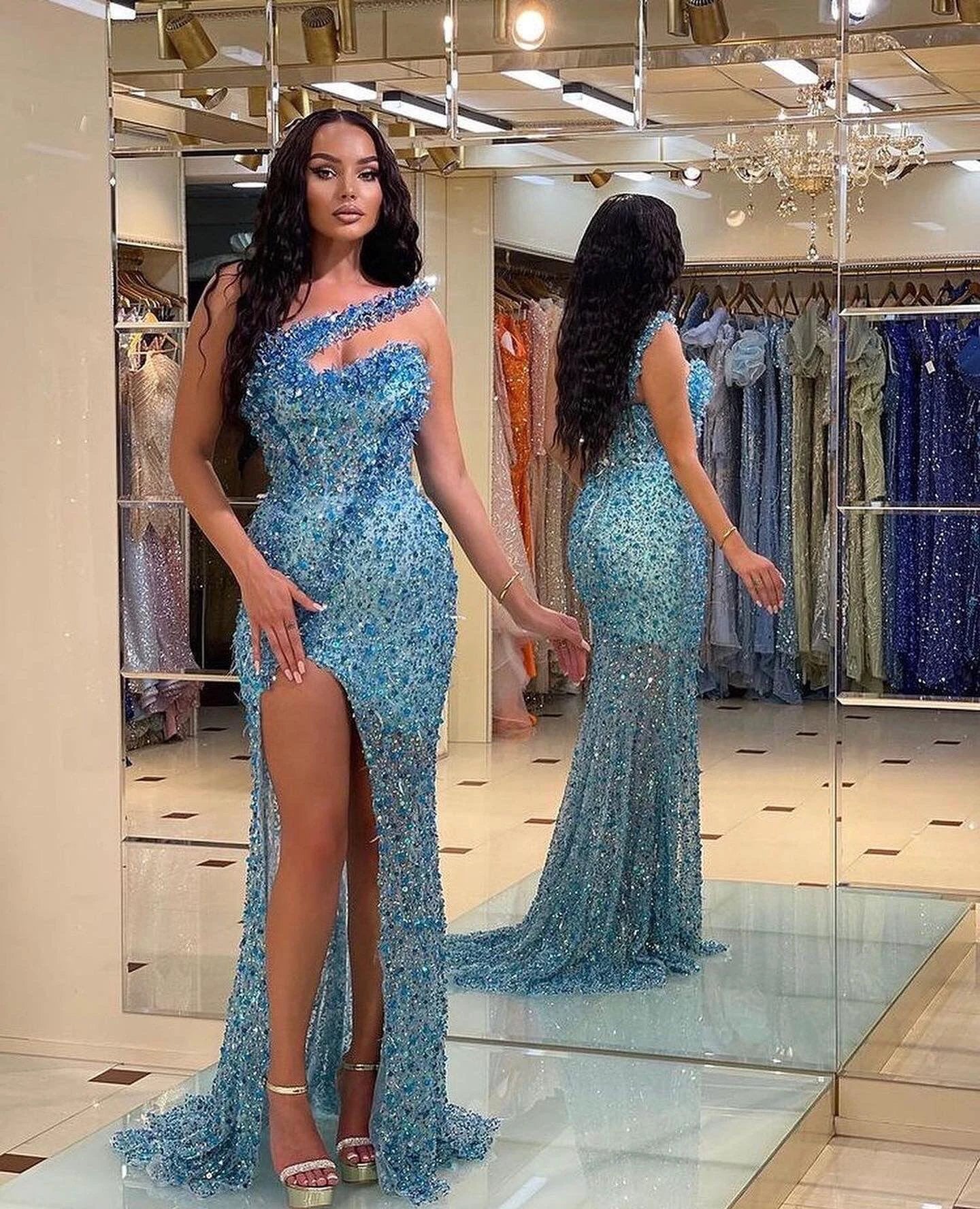 Vintage Long Sequined Beadings One Shoulder Mermaid Prom Dress With Split - Image 2
