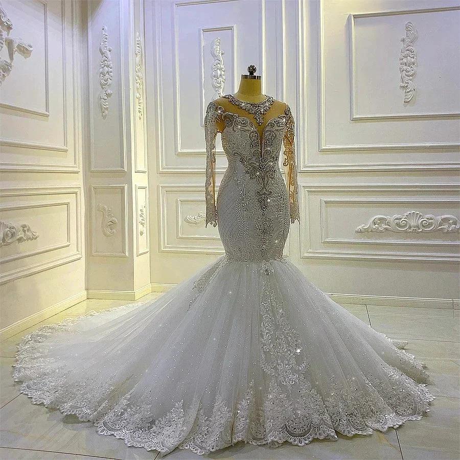 Vintage Long Sleeve Appliques Lace Beading Sequins Mermaid Wedding Dress - Image 2