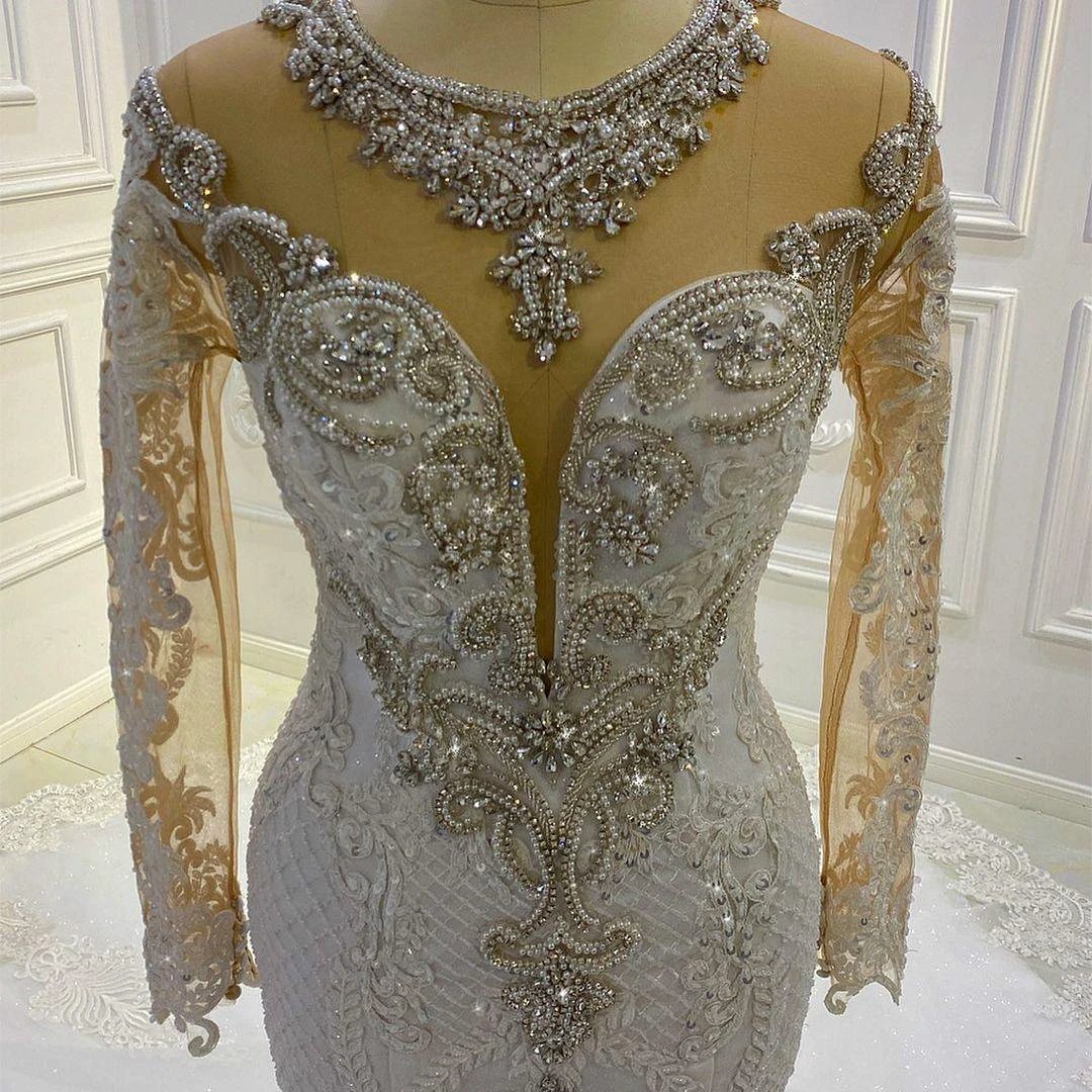 Vintage Long Sleeve Appliques Lace Beading Sequins Mermaid Wedding Dress - Image 3