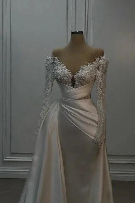 Vintage Long White A-line Off-the-shoulder Lace Beading Wedding Dress with Long Sleeves - Image 2
