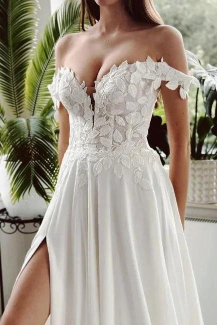 Vintage Long White A-line Off-the-shoulder Wedding Dress with Slit - Image 3