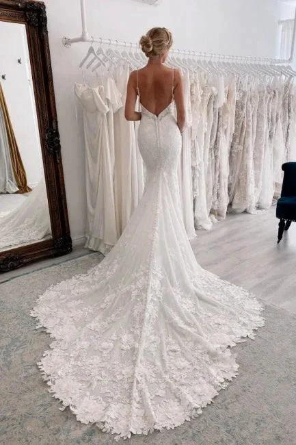Vintage Long White V-neck Mermaid Lace Wedding Dresses - Image 2