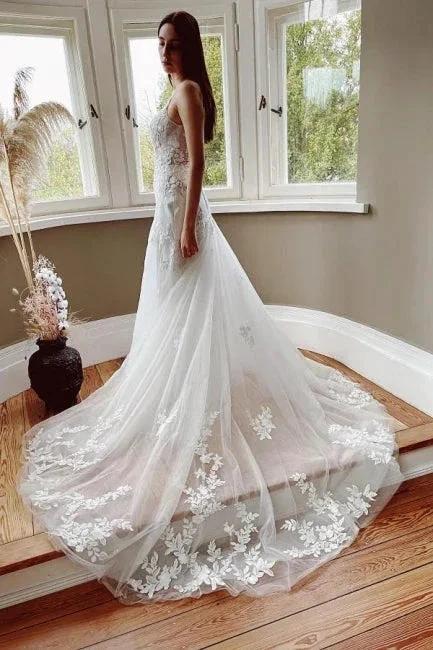Vintage Mermaid V-neck Spaghetti Straps Lace Wedding Dresses With Train - Image 2