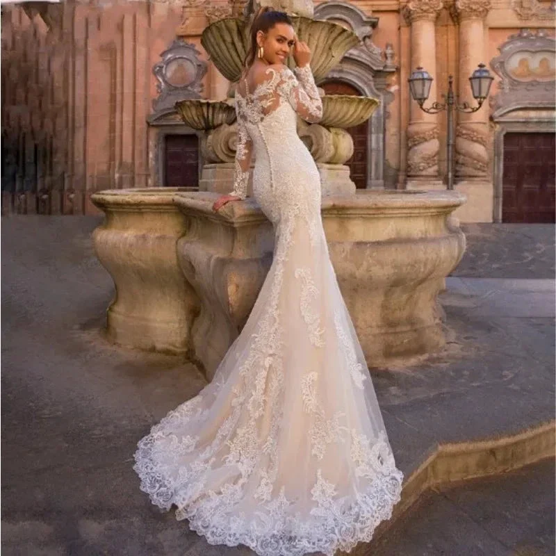Vintage Mermaid Wedding Dresses With Detachable Train Long Sleeves Applique Beach Vestidos De Novia Summer Boho Bridal Gowns - Image 2