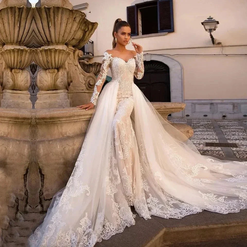 Vintage Mermaid Wedding Dresses With Detachable Train Long Sleeves Applique Beach Vestidos De Novia Summer Boho Bridal Gowns - Image 4