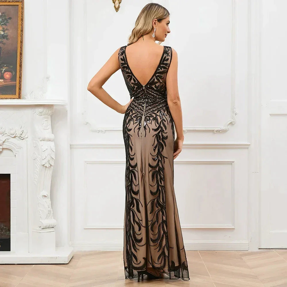 Vintage Mujer Sequins Beading Long Evening Dresses Formal Round Neck Lace Long Sexy Women Party Special Occasion - Image 2