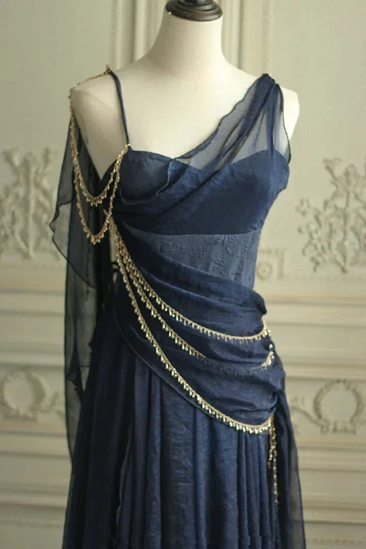 Vintage Navy Blue Chiffon A Line Prom Dress Evening Dress Y8292 - Image 2
