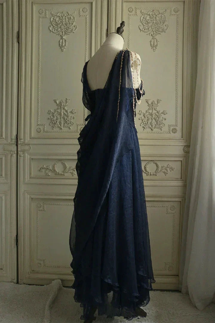Vintage Navy Blue Chiffon A Line Prom Dress Evening Dress Y8292 - Image 3