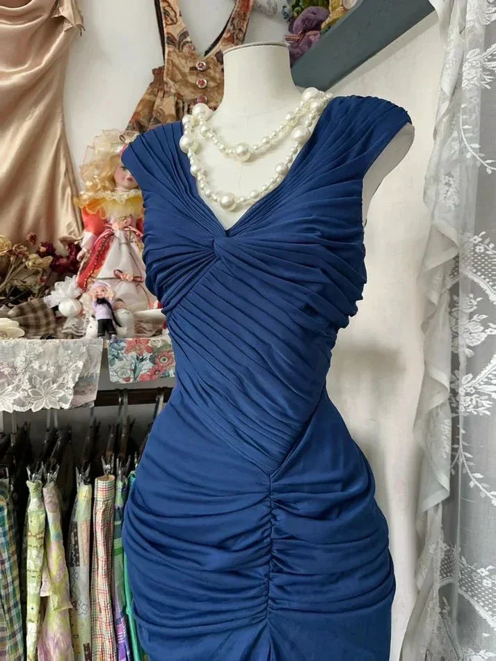 Vintage Navy Blue Chiffon Ruched Evening Gown Mermaid Party Prom Dress Y8076 - Image 2