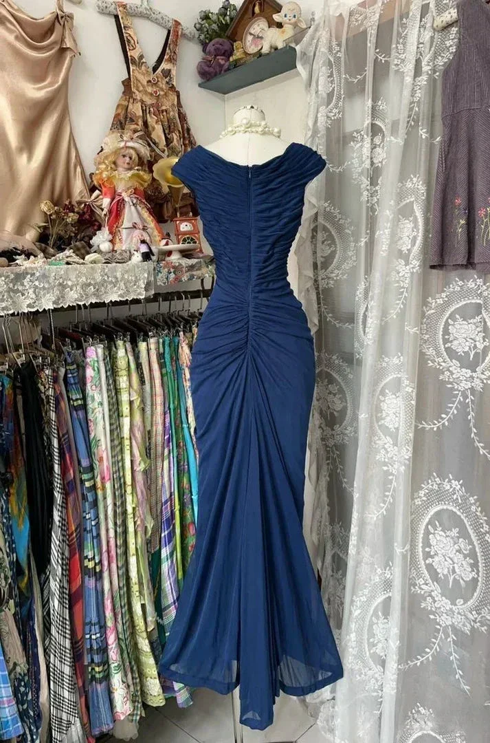 Vintage Navy Blue Chiffon Ruched Evening Gown Mermaid Party Prom Dress Y8076 - Image 3