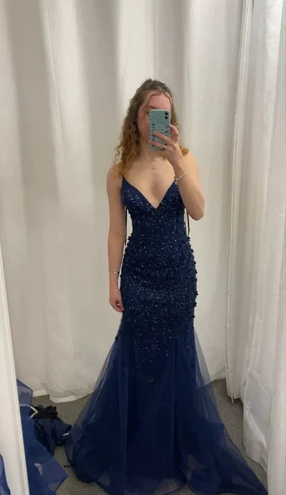 Vintage Navy Blue Prom Dress Sexy Mermaid Evening Dress Y7888 - Image 2