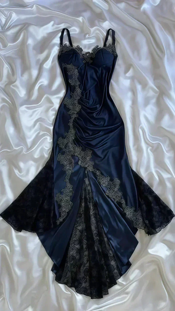 Vintage Navy Blue Satin Lace Appliques Mermaid Evening Dress Prom Dress Y8497 - Image 3