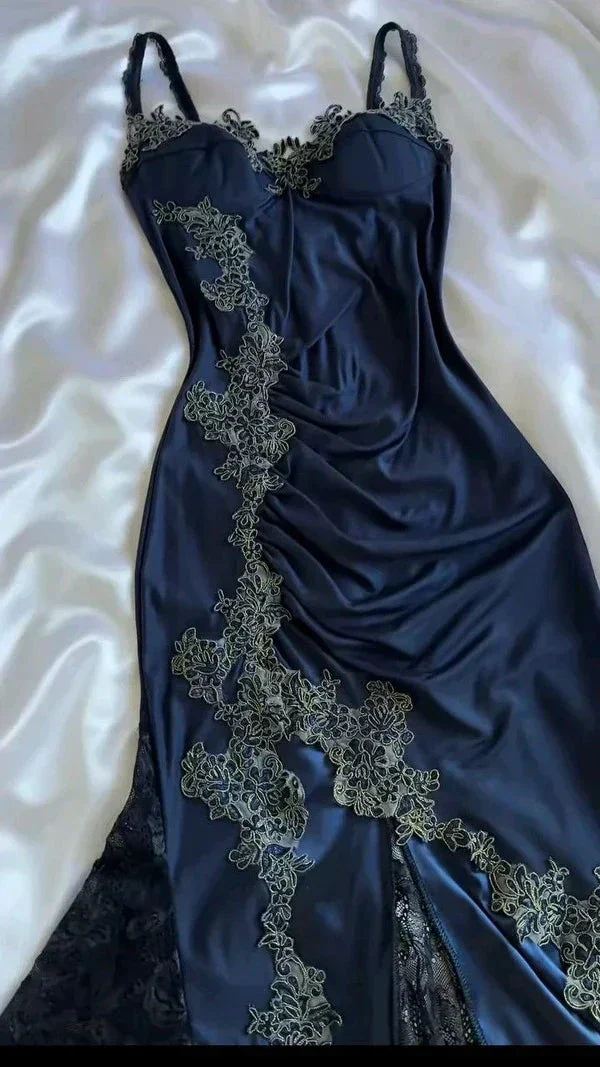 Vintage Navy Blue Satin Lace Appliques Mermaid Evening Dress Prom Dress Y8497 - Image 4