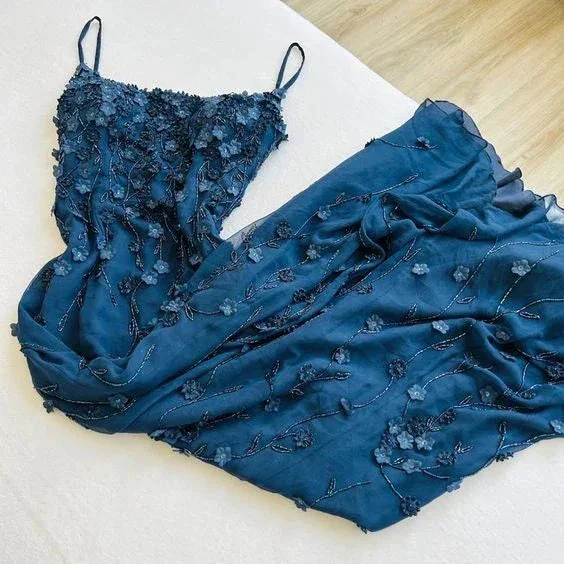 Vintage Navy Blue Spaghetti Straps Appliques Prom Dress Mermaid Birthday Outfits Evening Dress Y7456 - Image 2