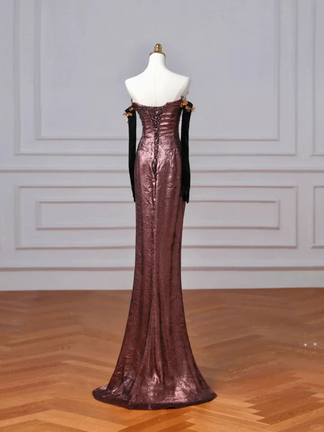 Vintage Off The Shoulder Satin Appliques Long Prom Dress Mermaid Slit Evening Dress Y8613 - Image 3