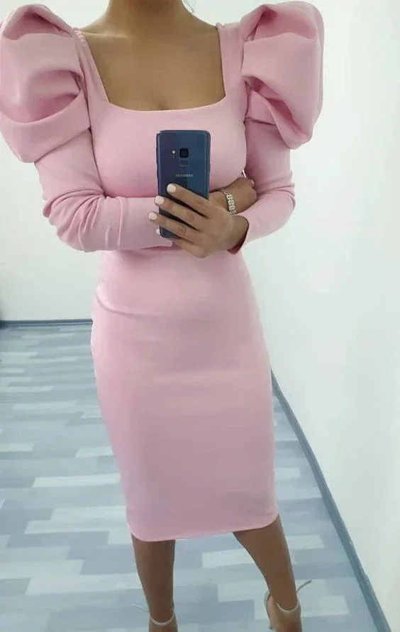 Vintage Pink Long Sleeves Prom Dress Pink Square Neckline Cocktail Dress Y6405 - Image 2