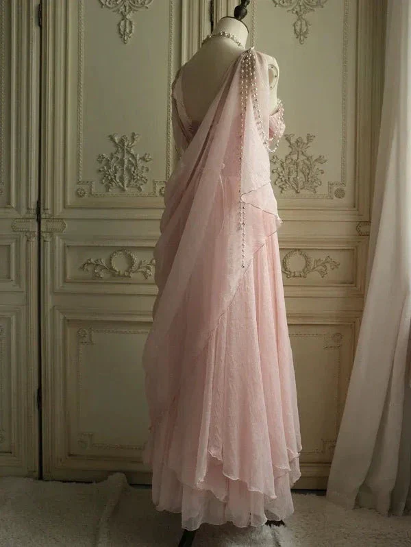 Vintage Pink One Shoulder Chiffon Evening Dress A Line Prom Dress Y7791 - Image 2