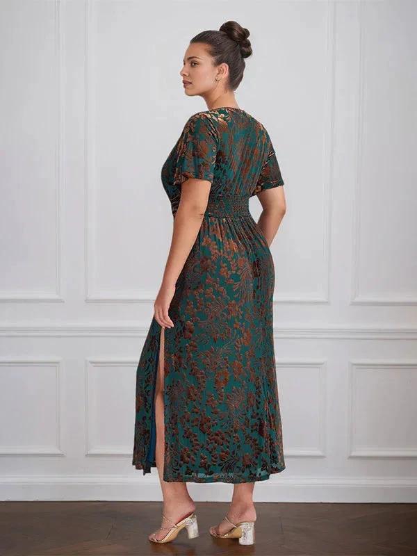 Vintage Plain V-Neck Short Sleeves Velvet Tea-Length Mother of the Bride Dress With Slit - Image 2